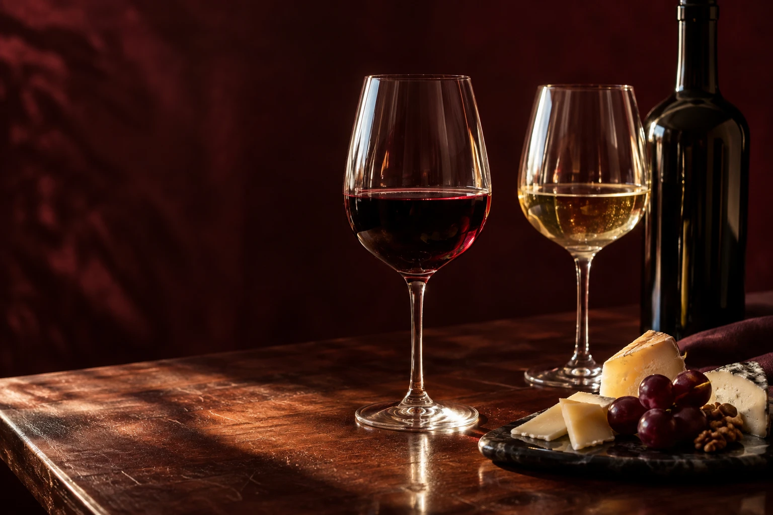 Red and white wine on a warmly lit table